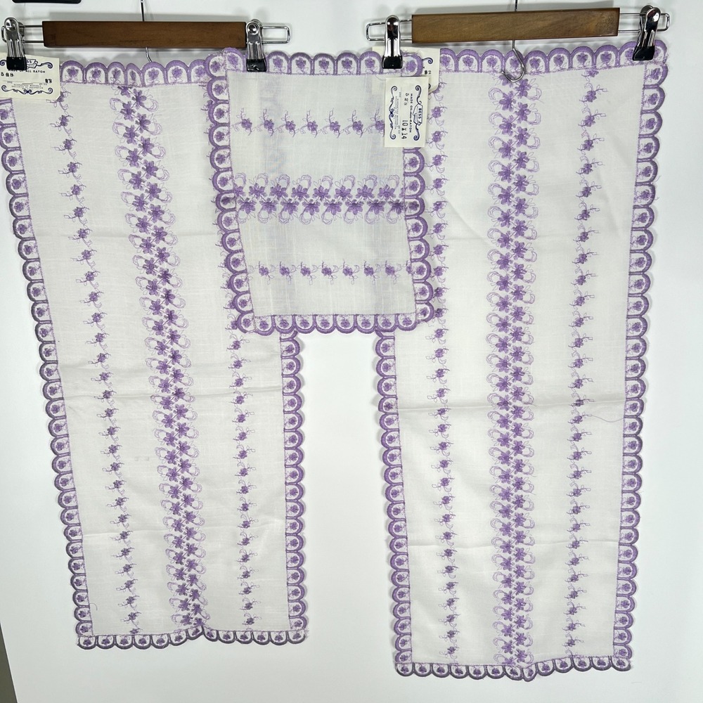 Bess Manufacturing Vintage Purple Floral Embroidered 3pc Vanity Dresser Set NEW